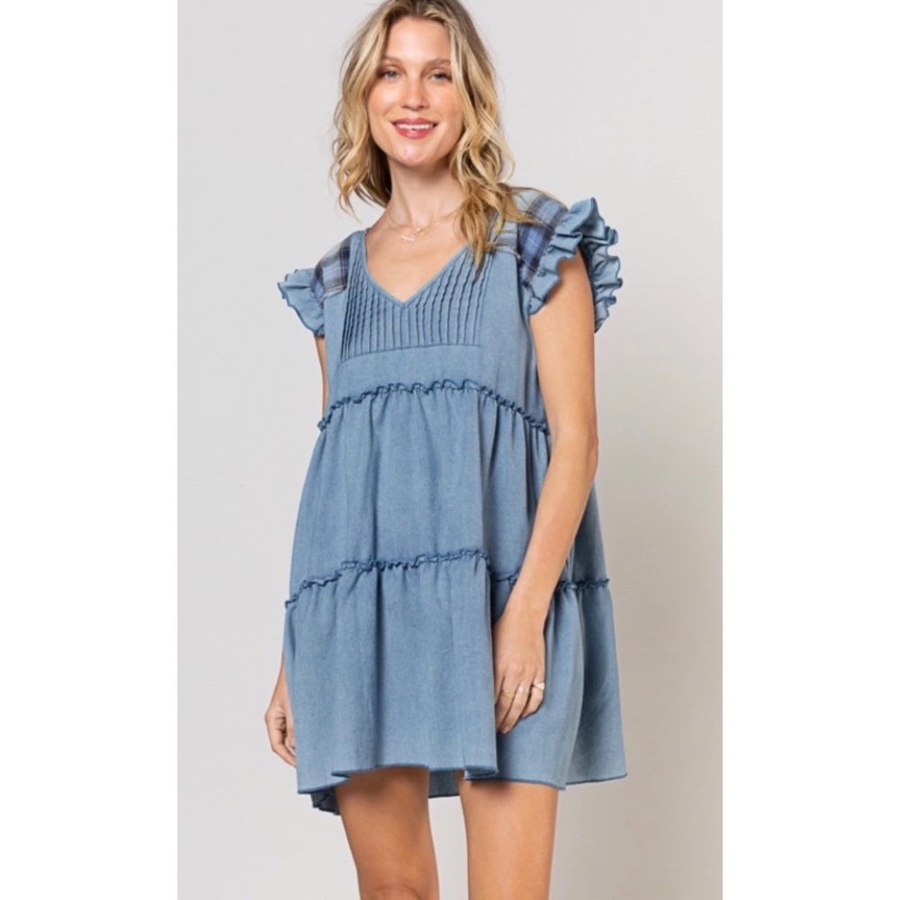 POL V Neck Ruffle Sleeve Denim Babydoll Dress with Plaid